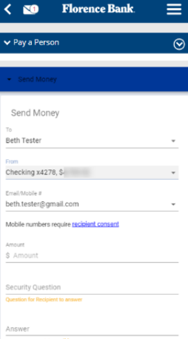 Image showing Person To Person Payment screen on a mobile device